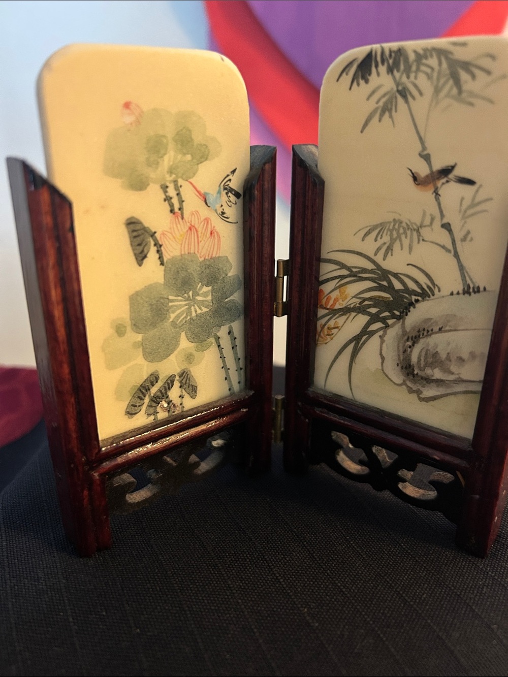 Vintage Chinese Marble Watercolor Screens 
 in a carved wood stand . Circa ‘80s